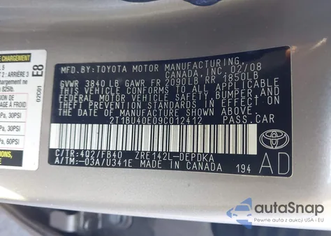 2009 Toyota Corolla Le from USA, damaged, VIN 2T1BU40E09C012412